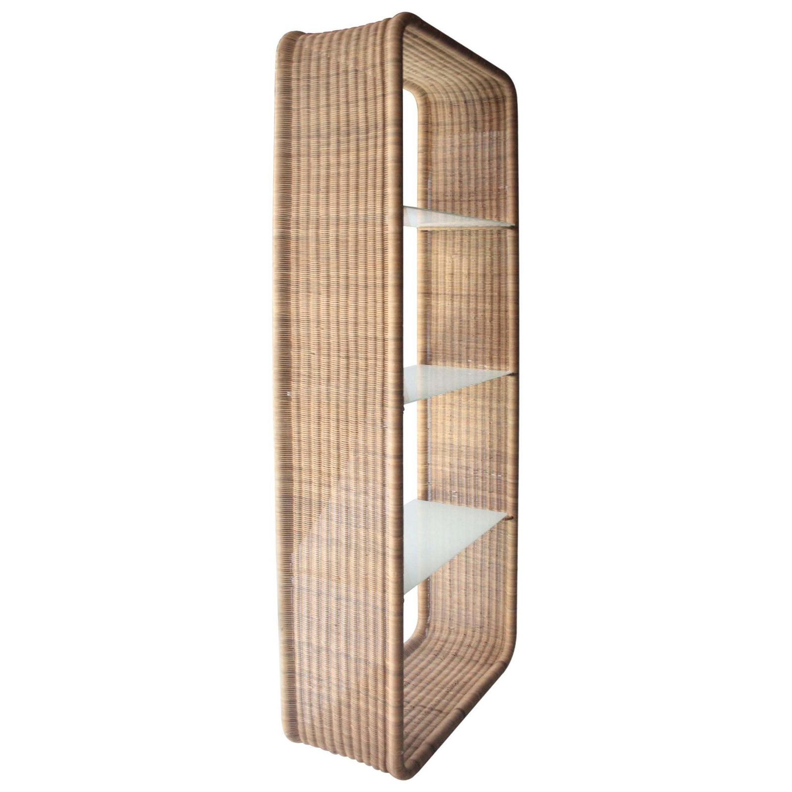 Mid Century Wicker And Glass Shelving Unit, France, 1960