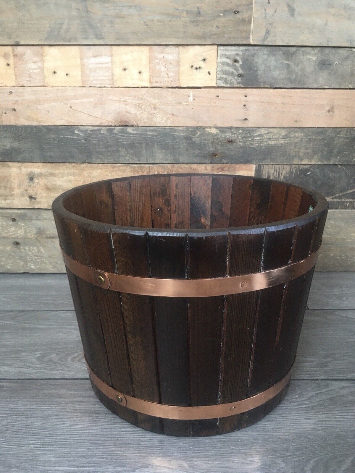 Vintage Coopered Oak & Copper Barrel Planter Plant Pot Jardiniere Log Storage photo buy