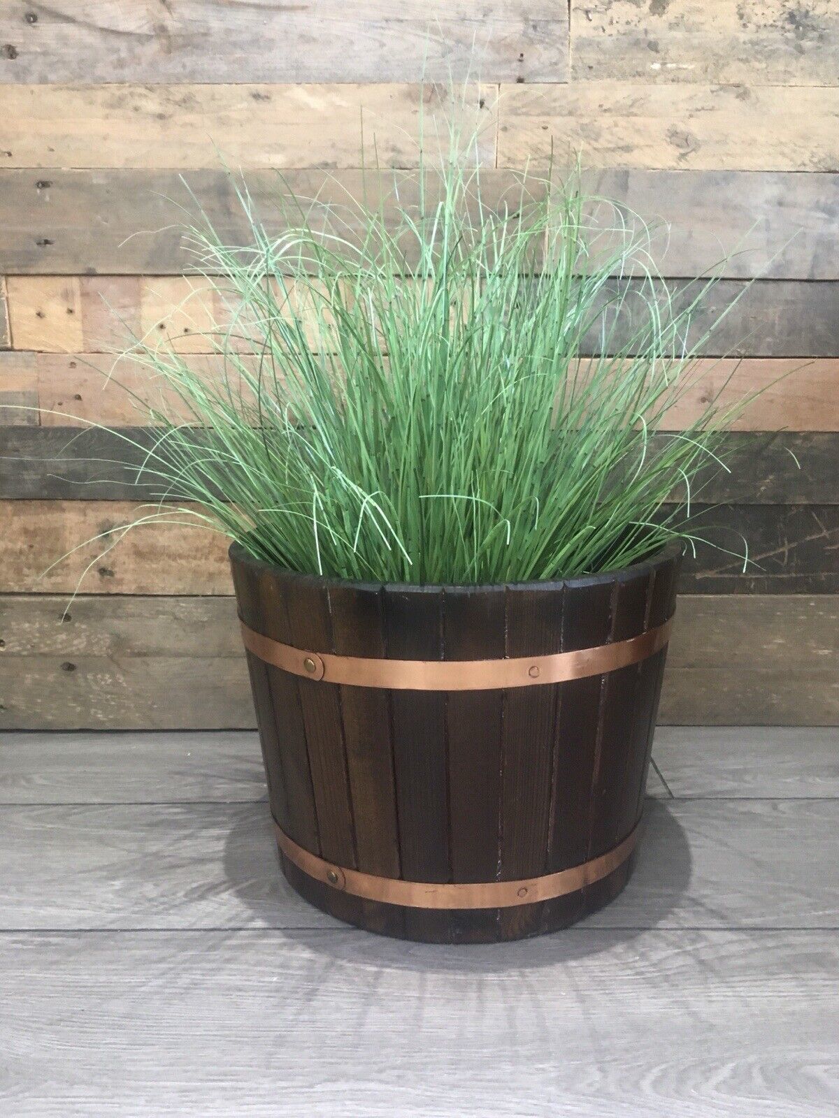 125.0 Vintage Coopered Oak & Copper Barrel Planter Plant Pot Jardiniere Log Storage photo