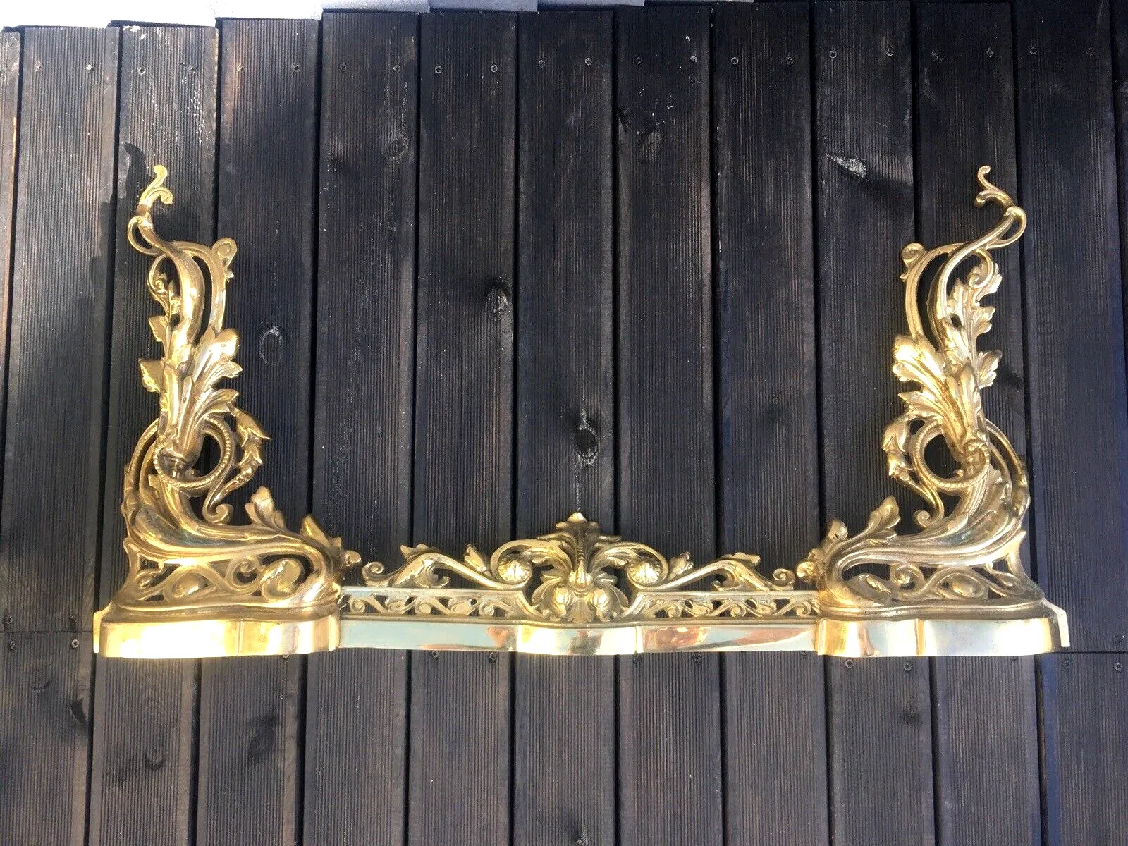Beautiful Antique French Rococo Style 3 Piece Fireside Fender Fire Dogs Andirons