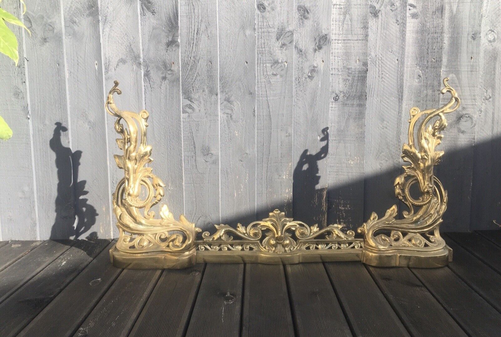 Beautiful Antique French Rococo Style 3 Piece Fireside Fender Fire Dogs Andirons photo for sale