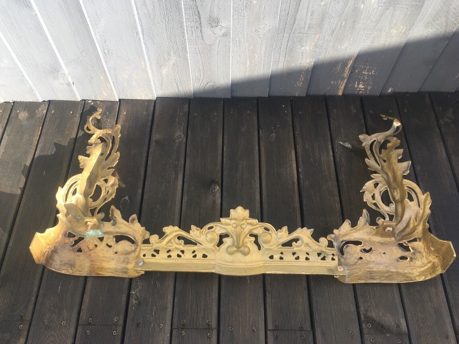 Beautiful Antique French Rococo Style 3 Piece Fireside Fender Fire Dogs Andirons photo vintage
