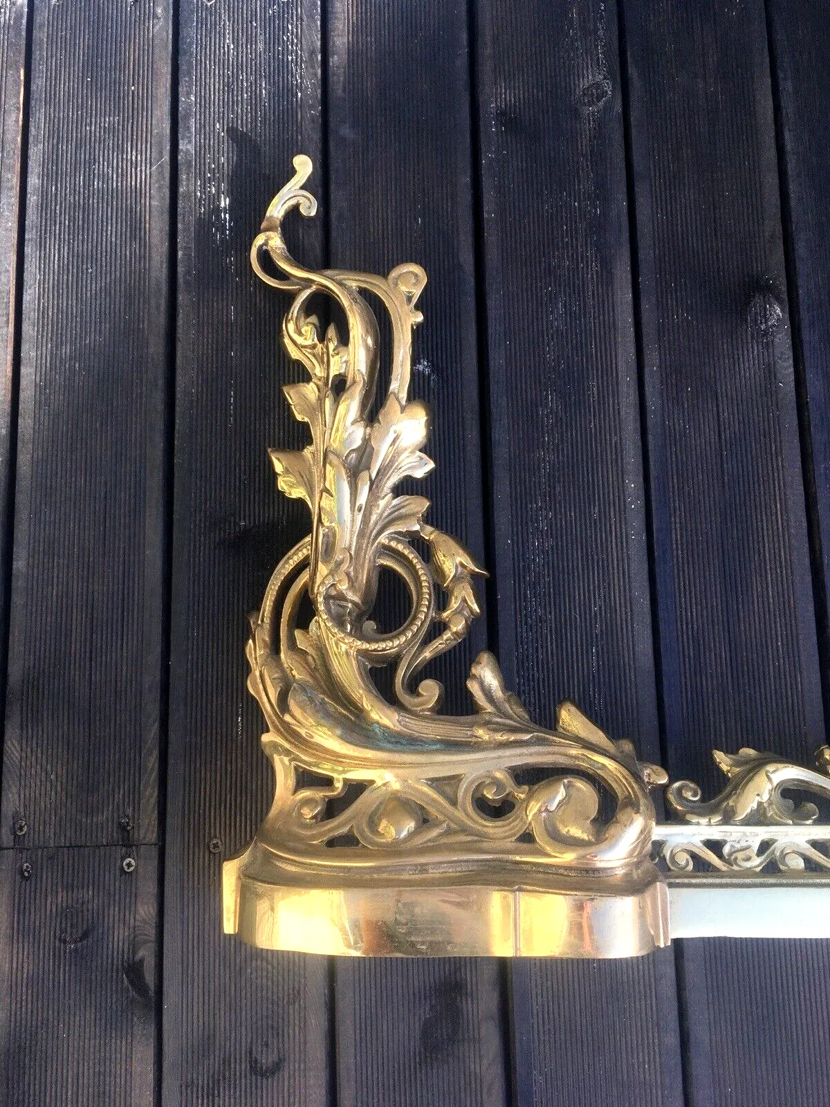 photo furniture Beautiful Antique French Rococo Style 3 Piece Fireside Fender Fire Dogs Andirons
