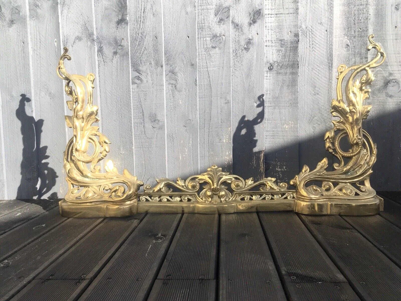600.0 Beautiful Antique French Rococo Style 3 Piece Fireside Fender Fire Dogs Andirons photo
