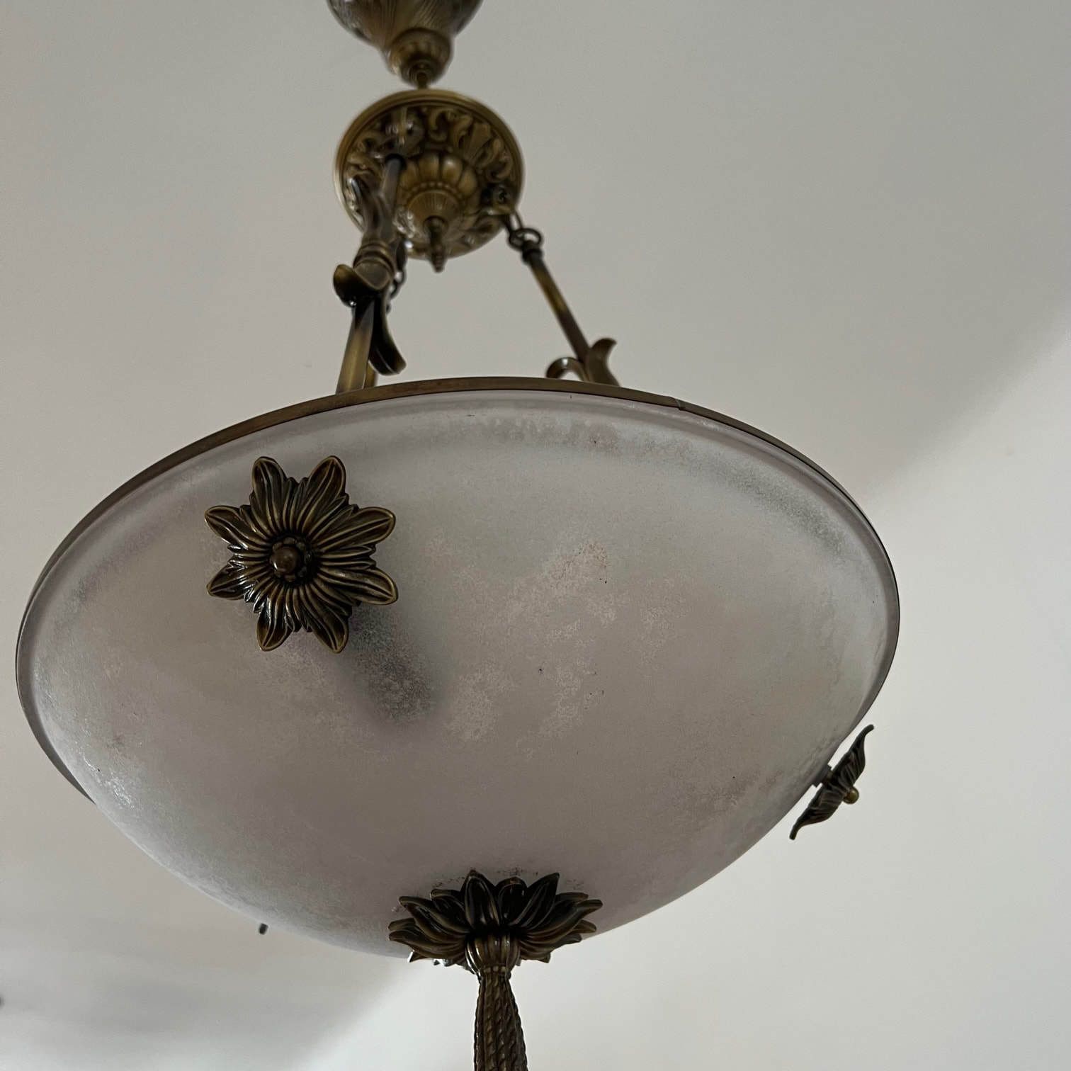 Brass And Frosted Glass Mid Century Swedish Plafonnier Light photo for sale