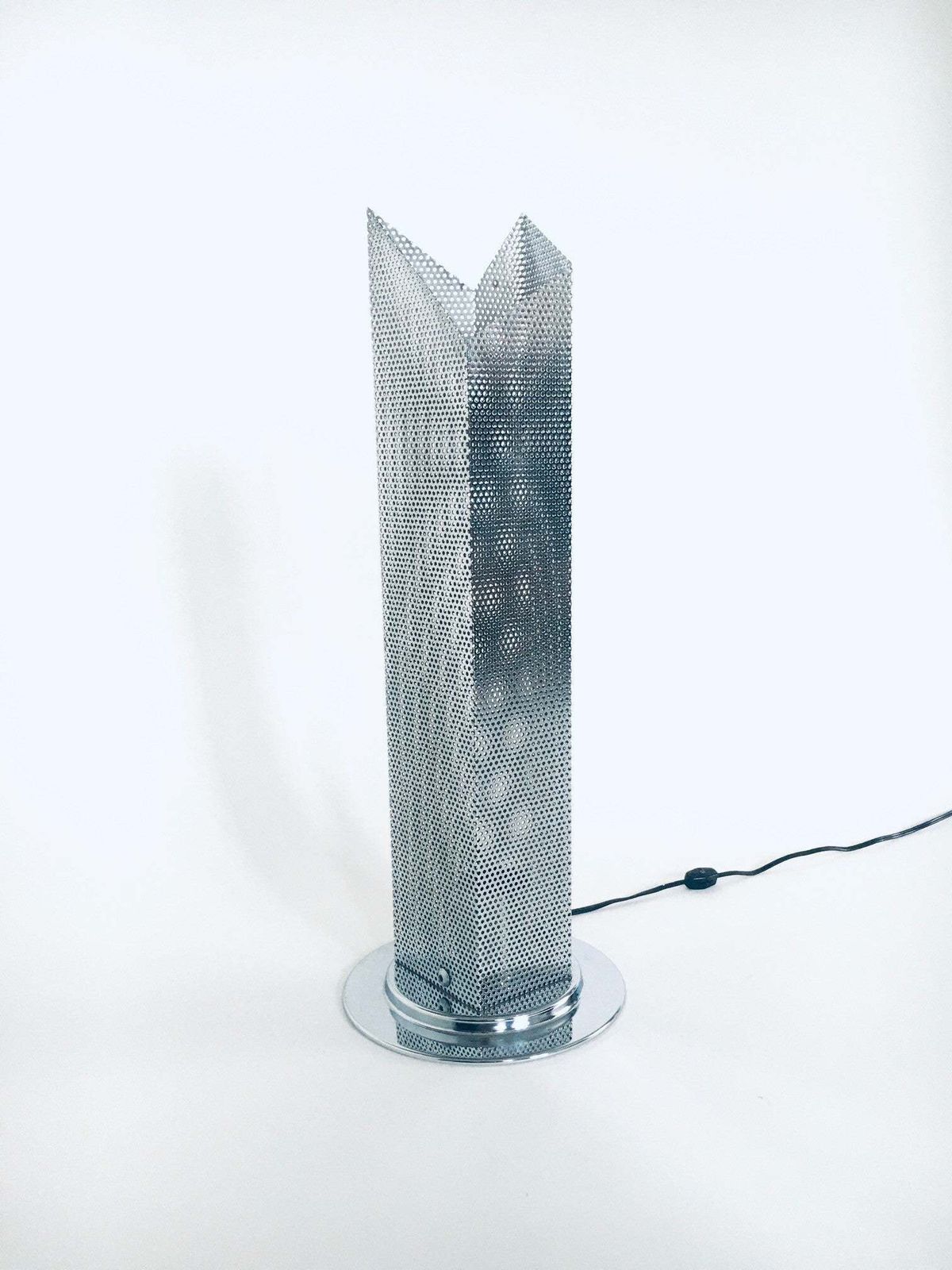 Postmodern Architectural Design Chrome Steel Perforated Metal Table Lamp, Italy 1980's photo Lighting