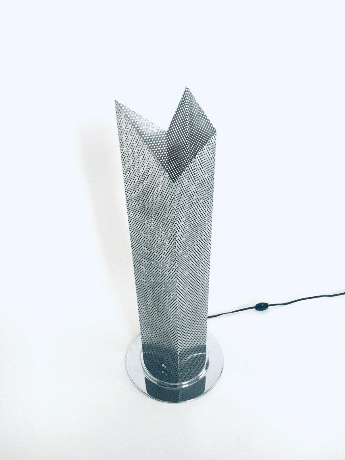 photo furniture Postmodern Architectural Design Chrome Steel Perforated Metal Table Lamp, Italy 1980's