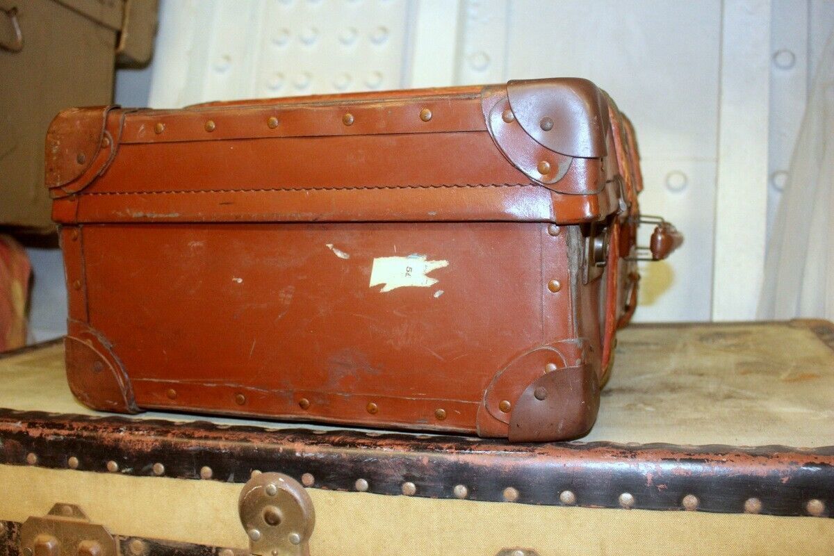 Vtg Steamer Trunk Leather Bras Wood Banding Chest Storage Box Coffee Table 1930s photo for sale
