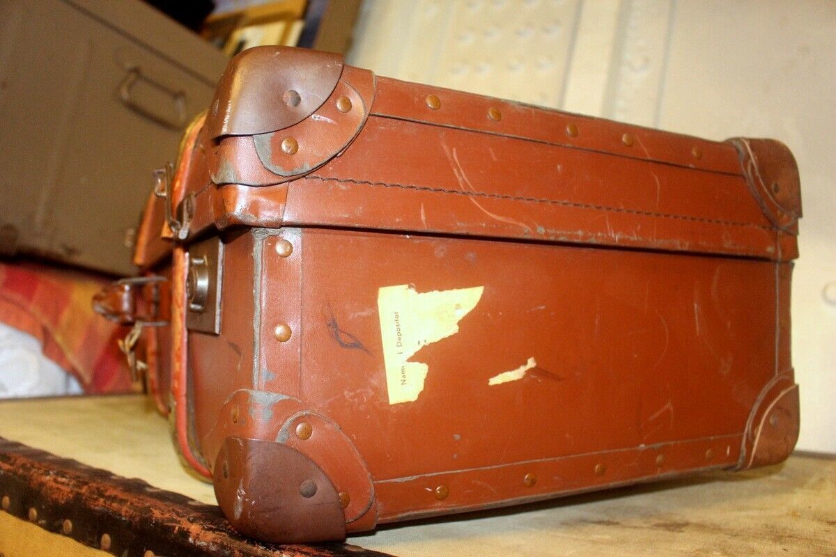 Vtg Steamer Trunk Leather Bras Wood Banding Chest Storage Box Coffee Table 1930s photo 113.0