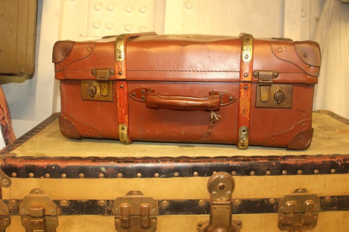 Vtg Steamer Trunk Leather Bras Wood Banding Chest Storage Box Coffee Table 1930s photo buy