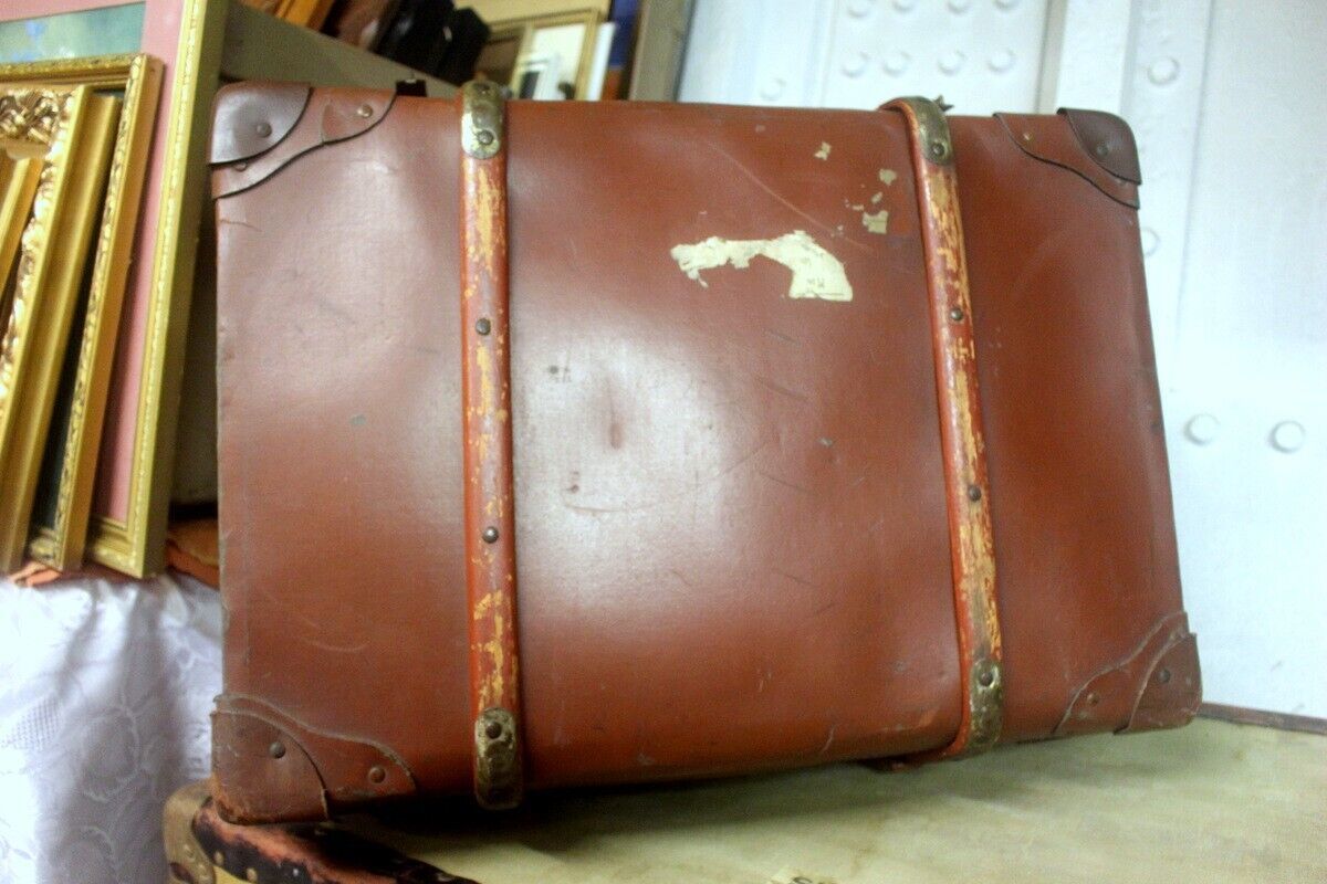photo furniture Vtg Steamer Trunk Leather Bras Wood Banding Chest Storage Box Coffee Table 1930s