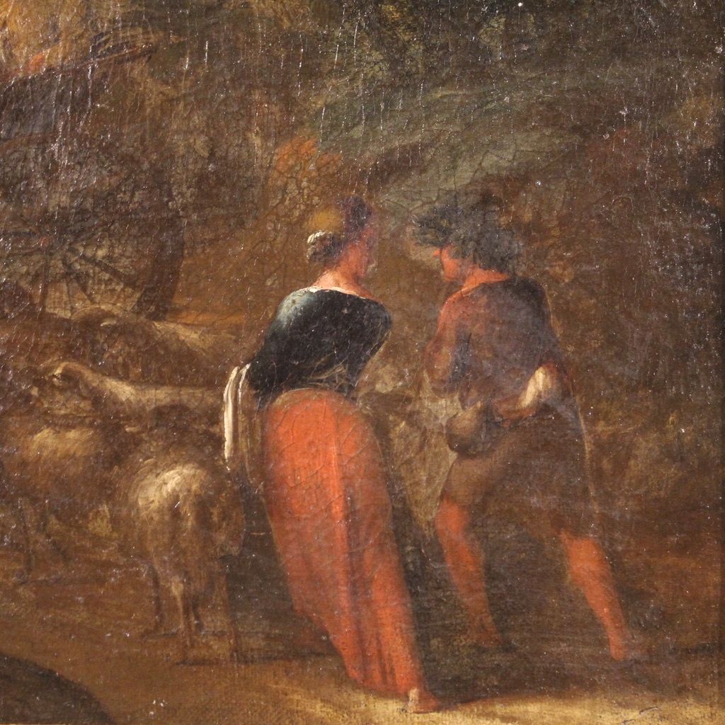 Antique Italian Painting From The 18th Century, Pastoral Scene With Chariot photo 2250.0