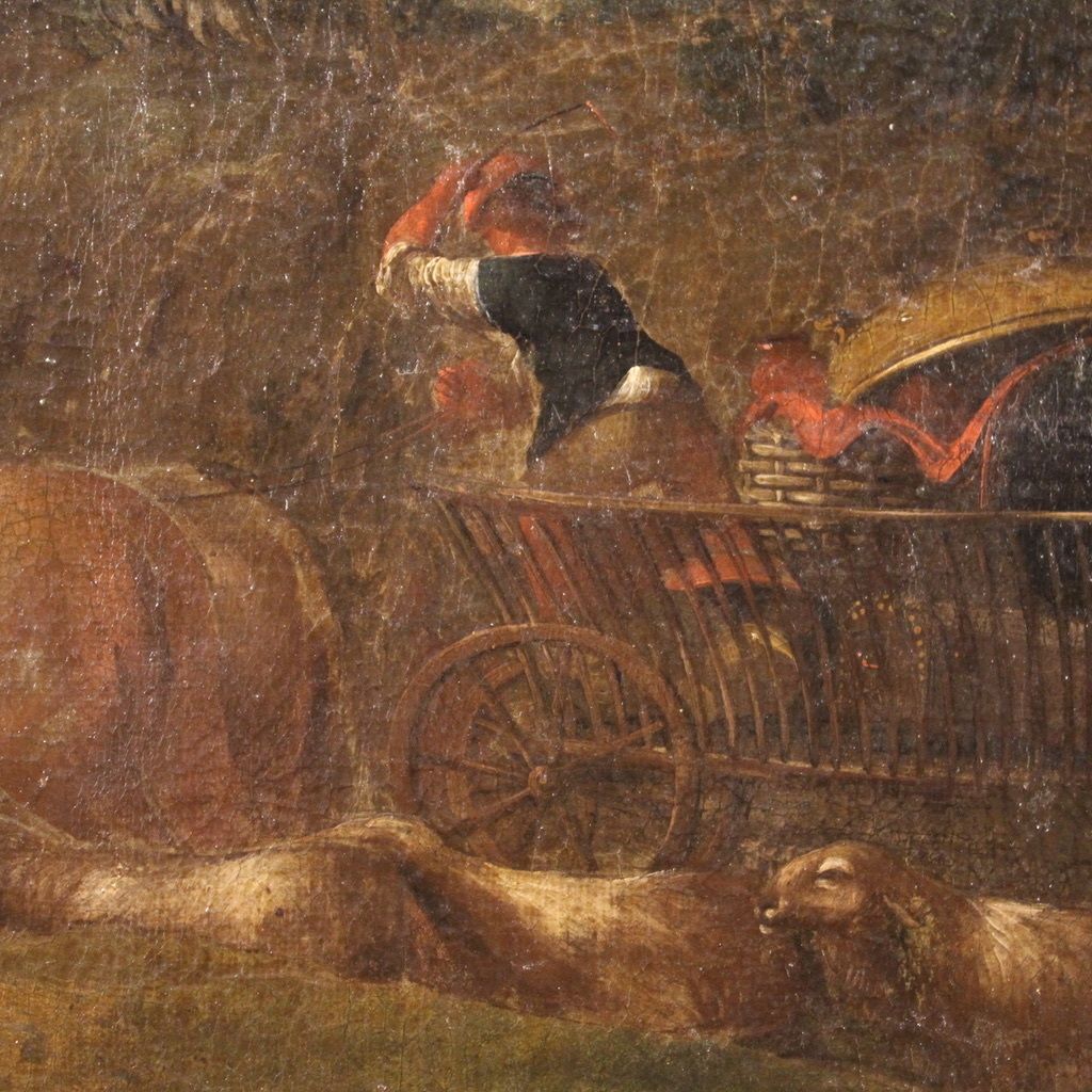 Antique Italian Painting From The 18th Century, Pastoral Scene With Chariot photo vintage