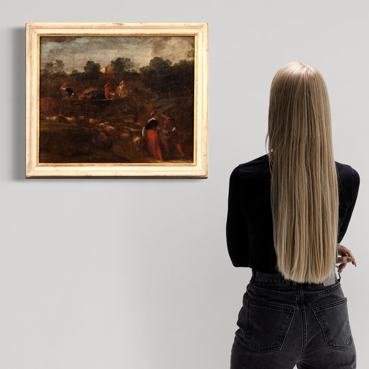 photo furniture Antique Italian Painting From The 18th Century, Pastoral Scene With Chariot