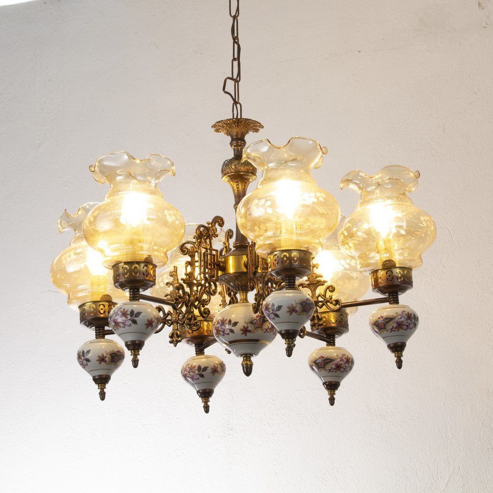 6 Lights Chandelier In Ceramic And Blown Murano Glass, Italy, 1950s photo furniture