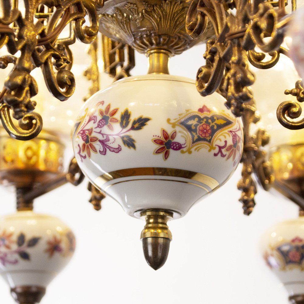 6 Lights Chandelier In Ceramic And Blown Murano Glass, Italy, 1950s photo buy