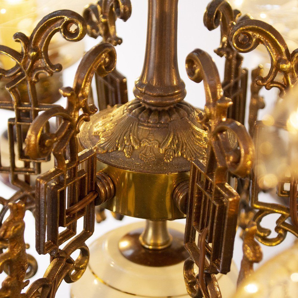photo for sale 6 Lights Chandelier In Ceramic And Blown Murano Glass, Italy, 1950s