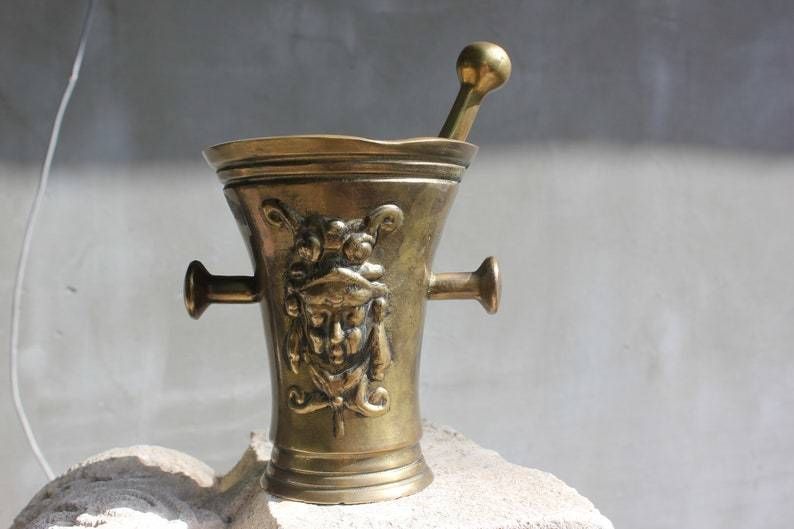 Rare Brass Mortar Solid Spice Hand Grinder And Pestle, Love Cooking Gift, Kitchen Decoration photo furniture