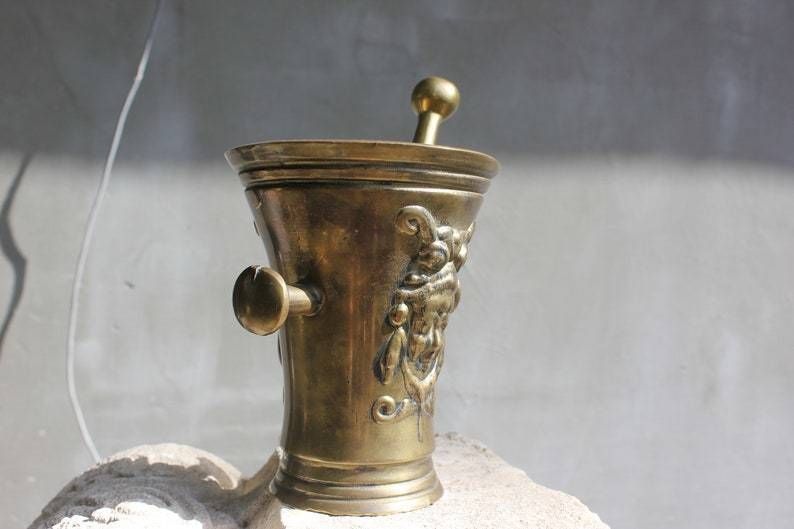 Rare Brass Mortar Solid Spice Hand Grinder And Pestle, Love Cooking Gift, Kitchen Decoration photo for sale