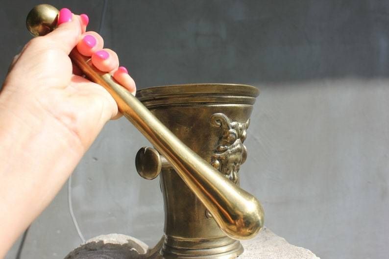 Rare Brass Mortar Solid Spice Hand Grinder And Pestle, Love Cooking Gift, Kitchen Decoration photo Home Decor
