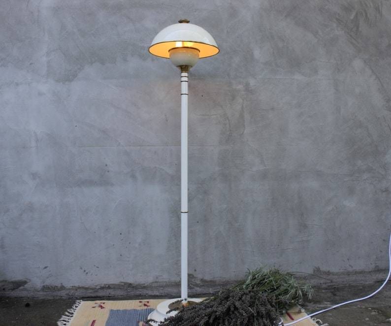 Vintage Modernist Enamel Brass Floor Lamp White Cream Unique Design Living Room Light Accent photo furniture