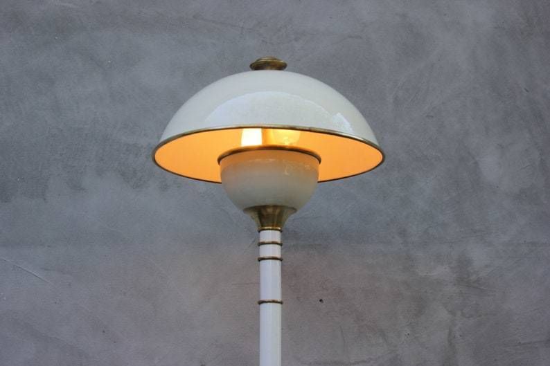Vintage Modernist Enamel Brass Floor Lamp White Cream Unique Design Living Room Light Accent photo 281.0