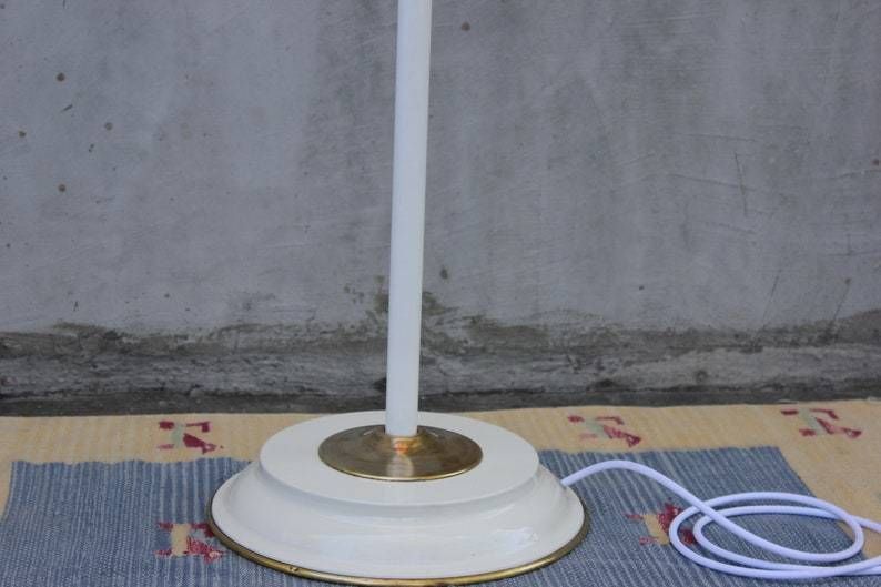 Vintage Modernist Enamel Brass Floor Lamp White Cream Unique Design Living Room Light Accent photo vinterior