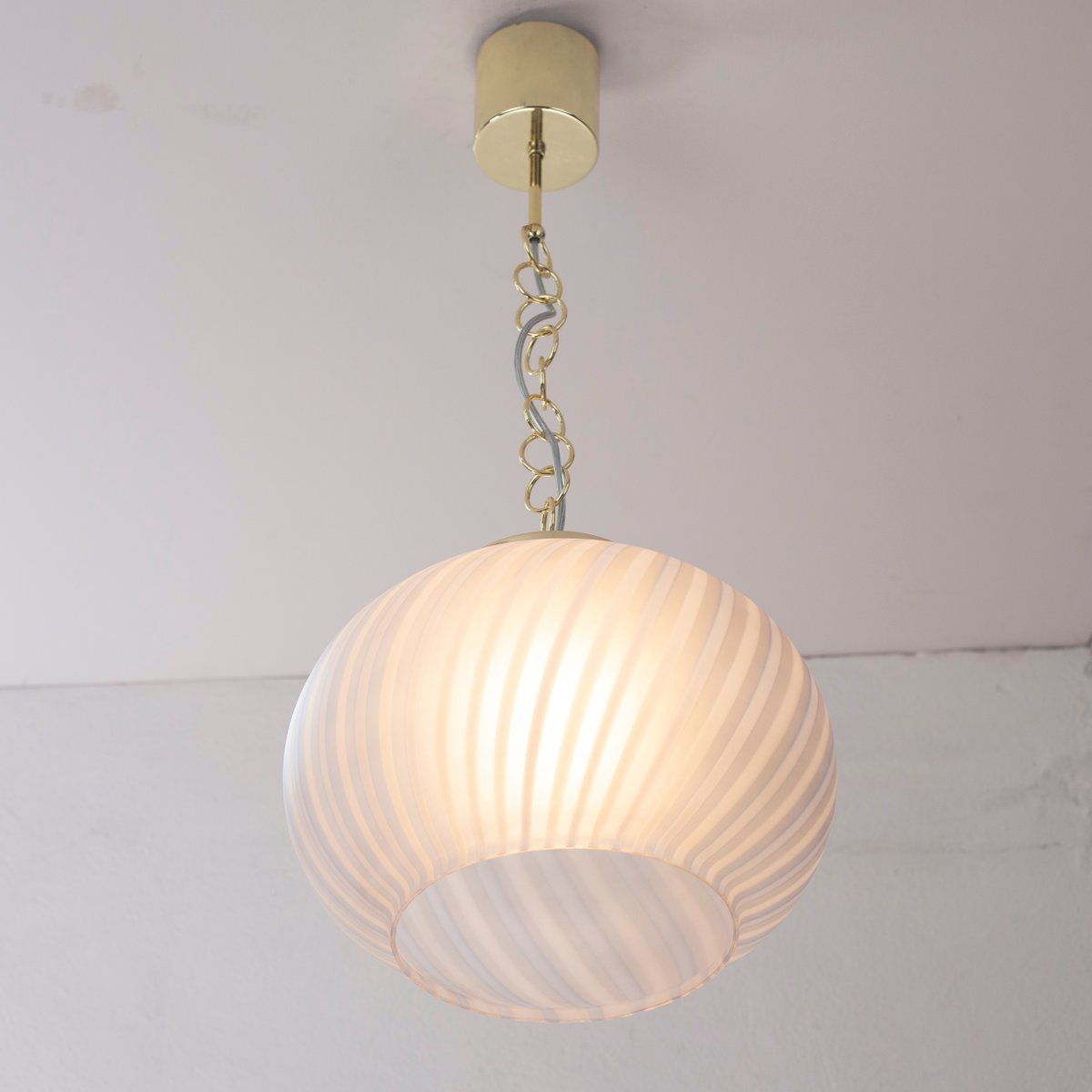 Suspension Lamp In Frosted Glass With White And Turquoise Lines, Italy photo for sale