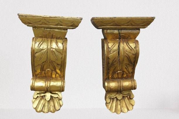 Pair Corbels Acanthus Scroll Hand Carved Wooden Fireplace Surround, Two Consoles