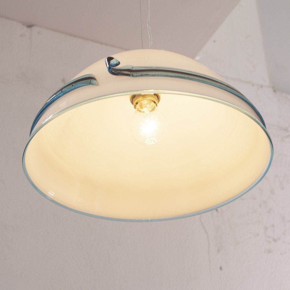 Suspension Lamp In White Murano Glass With Turquoise And Black Applications, 1980s photo vintage