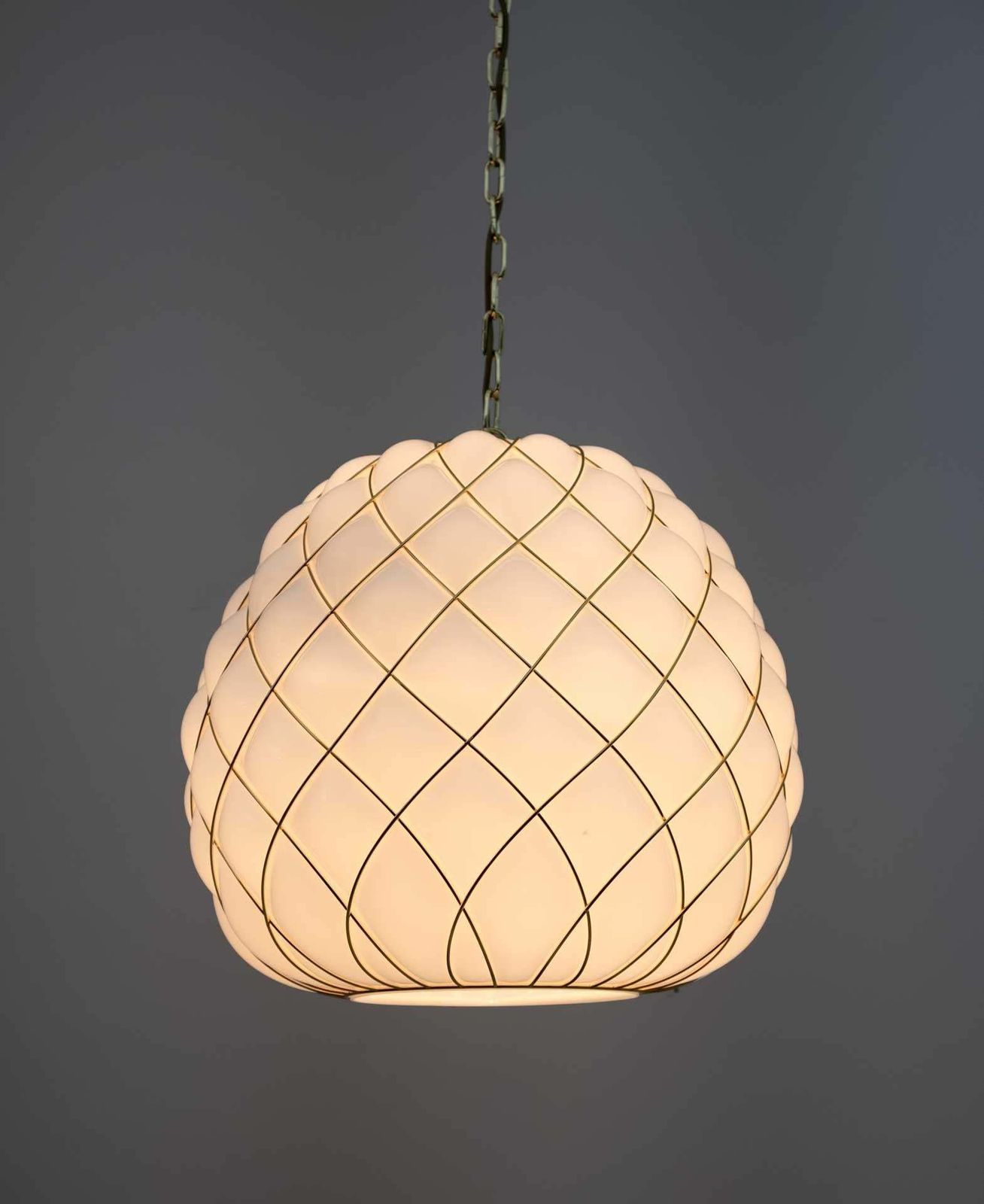 Four Modern Brass And Caged Murano Glass Large Pendant Lamps By Fontana Arte photo Lighting
