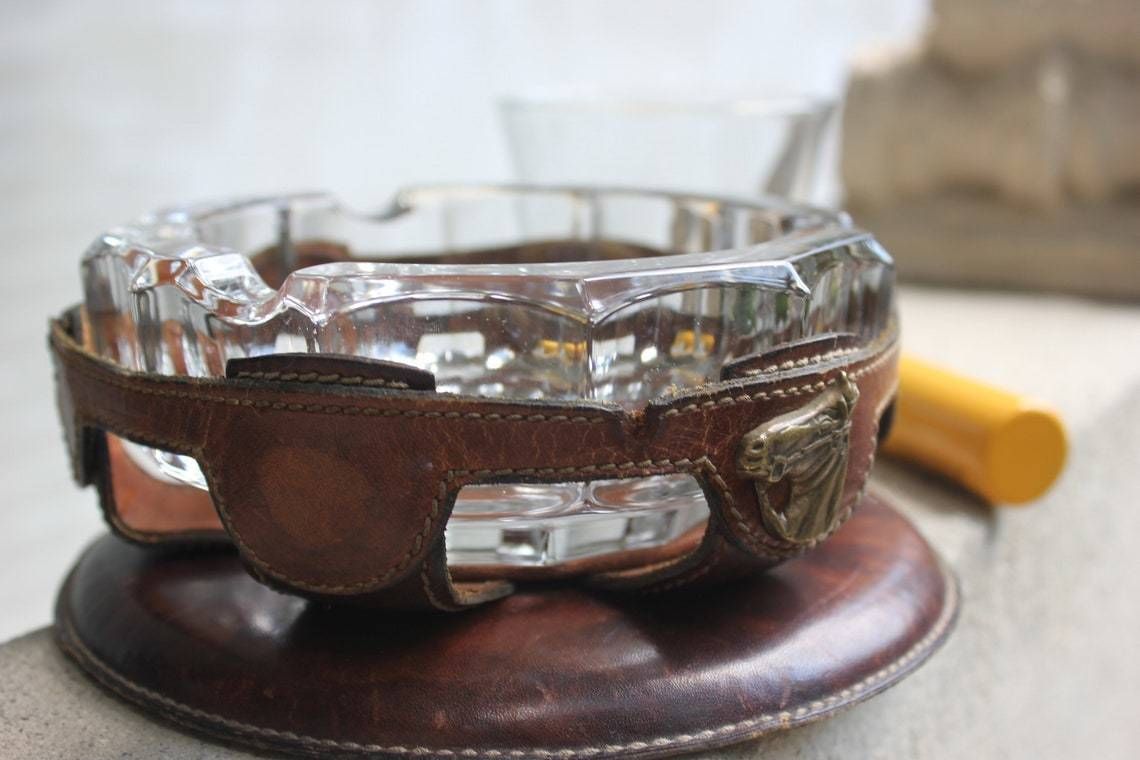 Rare Art Deco Leather And Crystal Cigar Smoking Ashtray Italy For Cigar Lounge Or Soothing Area photo for sale