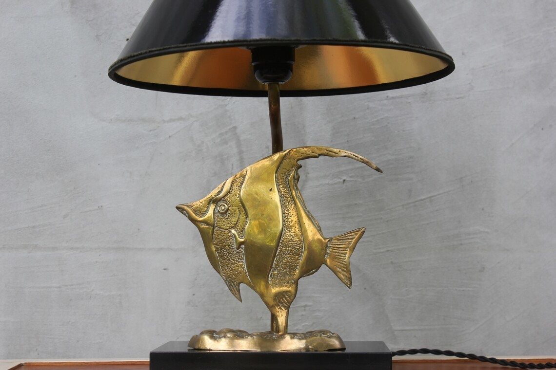 Brass Table Top Lamp Fish Statue Light Exotic Moonfish Sculpture Collectible Desk Lamp photo for sale