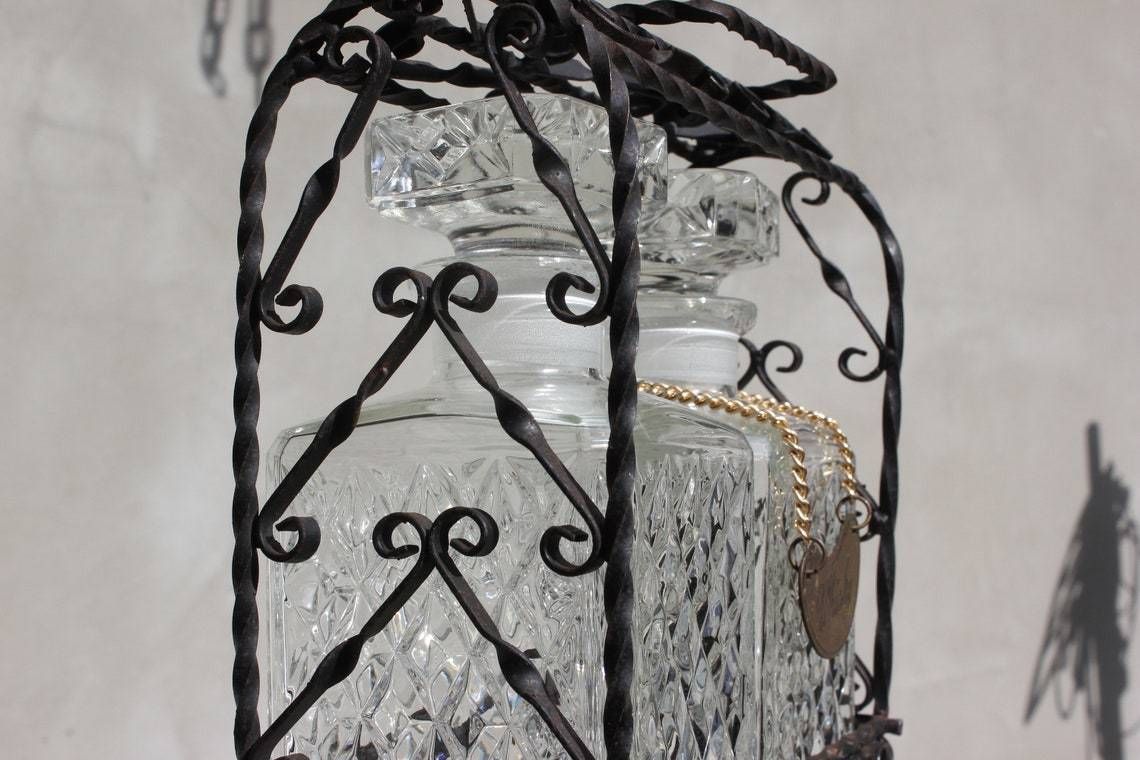 Vintage 2 Glass Liquor Decanters Set Tantalus In Handmade Metal Stand Whisky Sign Home Bar Serving Set photo vinterior
