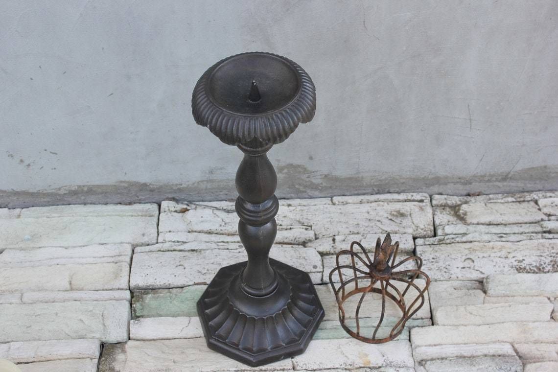 Large Cast Iron Candlestick Floor Metal Candle Holder Fireplace Tall Light 20th Century Antique photo for sale