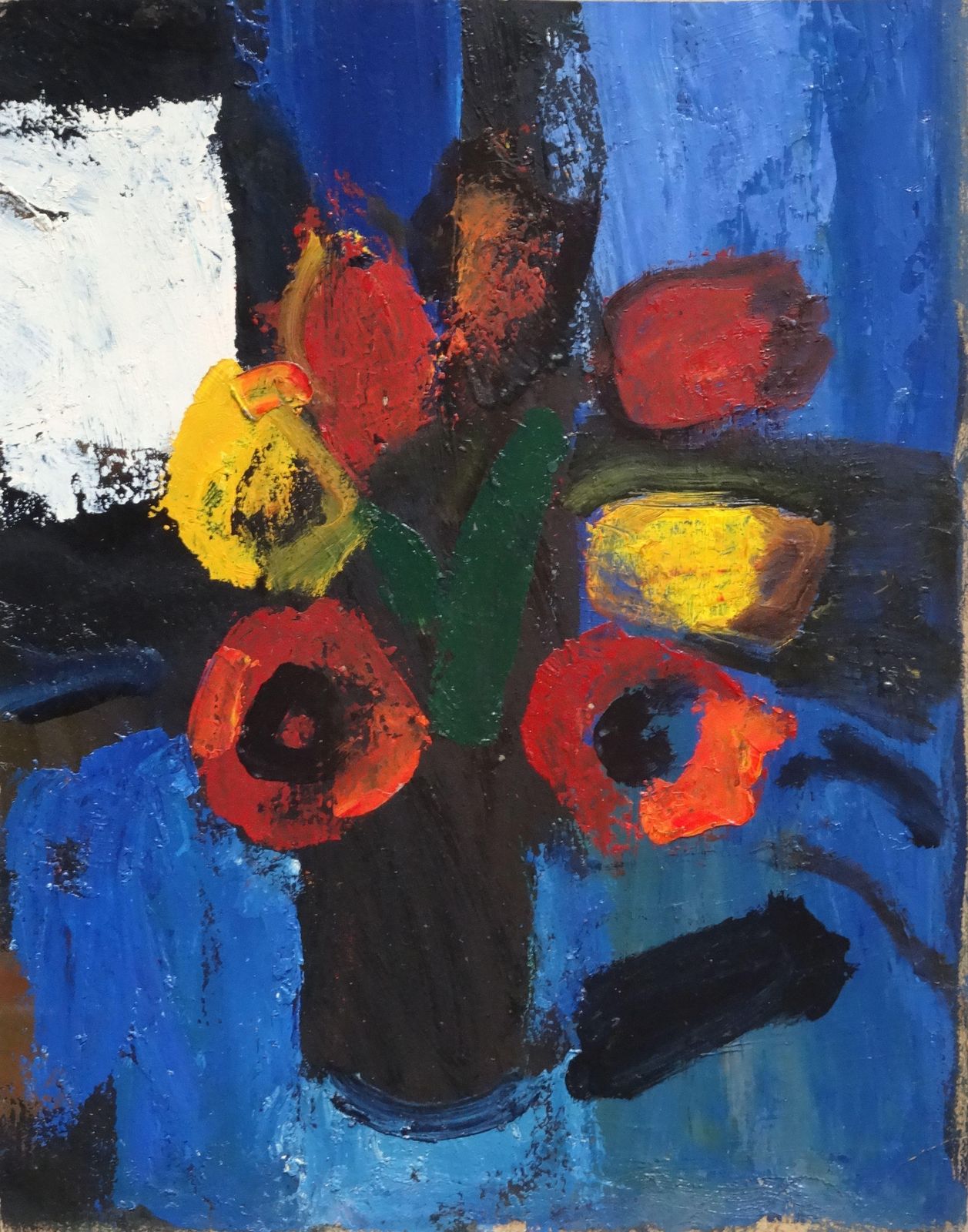 Aleksandr Rodin Tulips On The Blue Background. Oil On Cardboard,