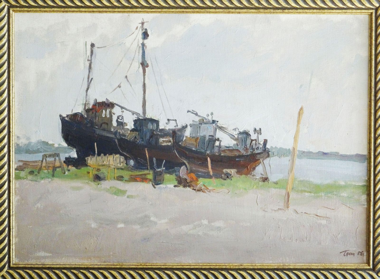 Ship Repair 1956 Oil On Canvas Cardboard photo furniture