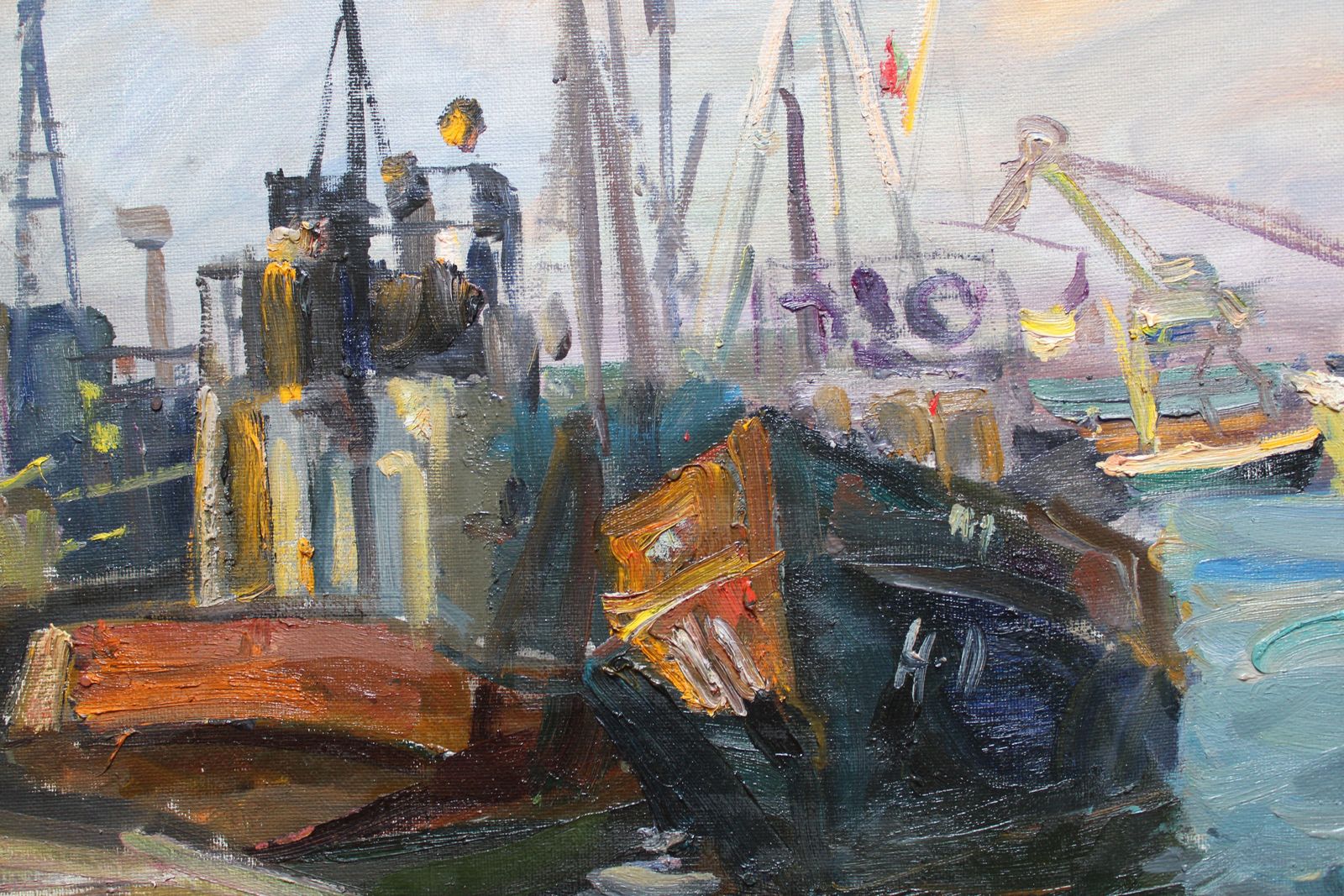 Nikolajs Breikss Ships In Port Oil On Cardboard photo 1980.0