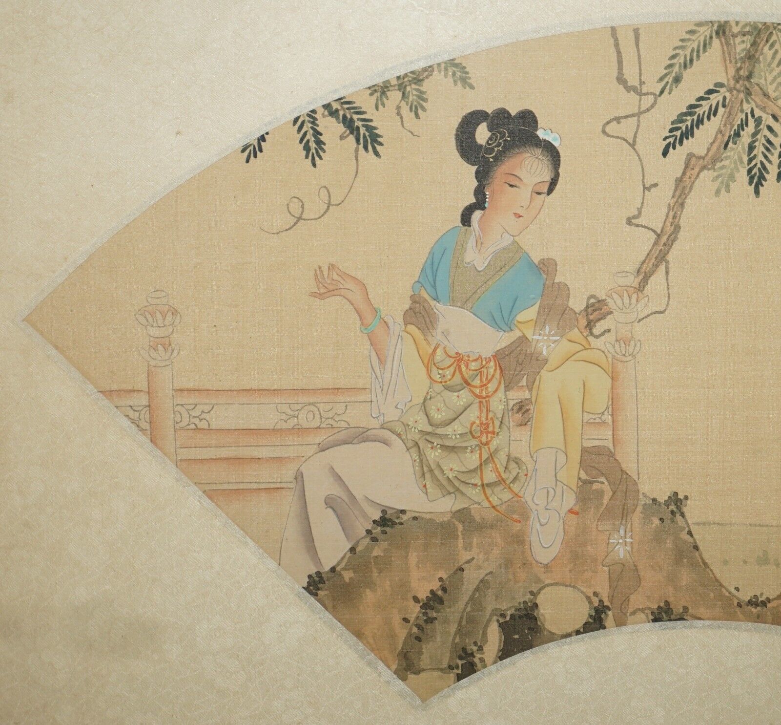 Pair Of Signed Antique Chinese Watercolour Silk Paintings Of Geisha Girl Flowers photo 1350.0