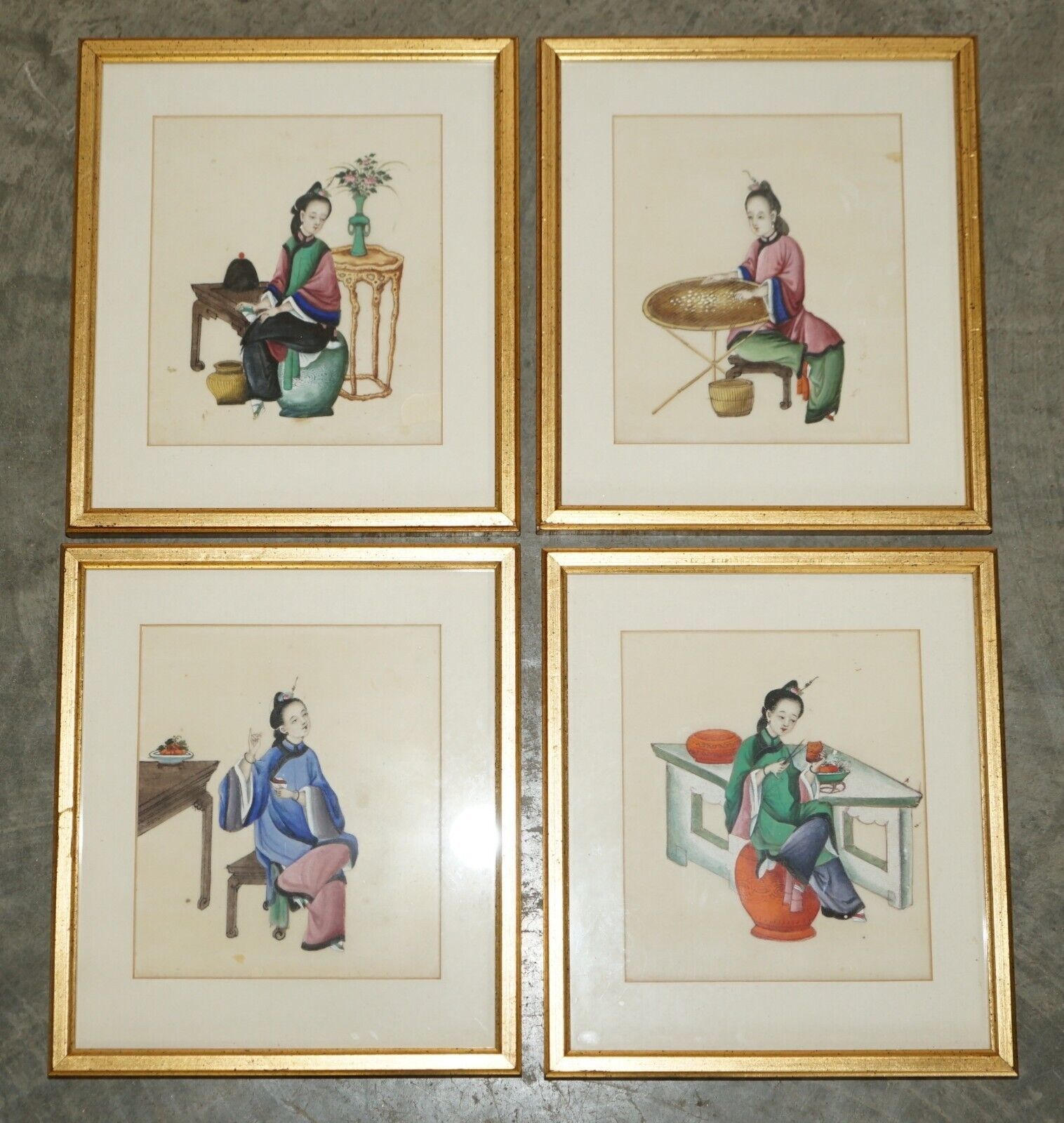 Four Antique 19th Century Circa 1880 Chinese Gouaches On Rice Paper Geisha Girls