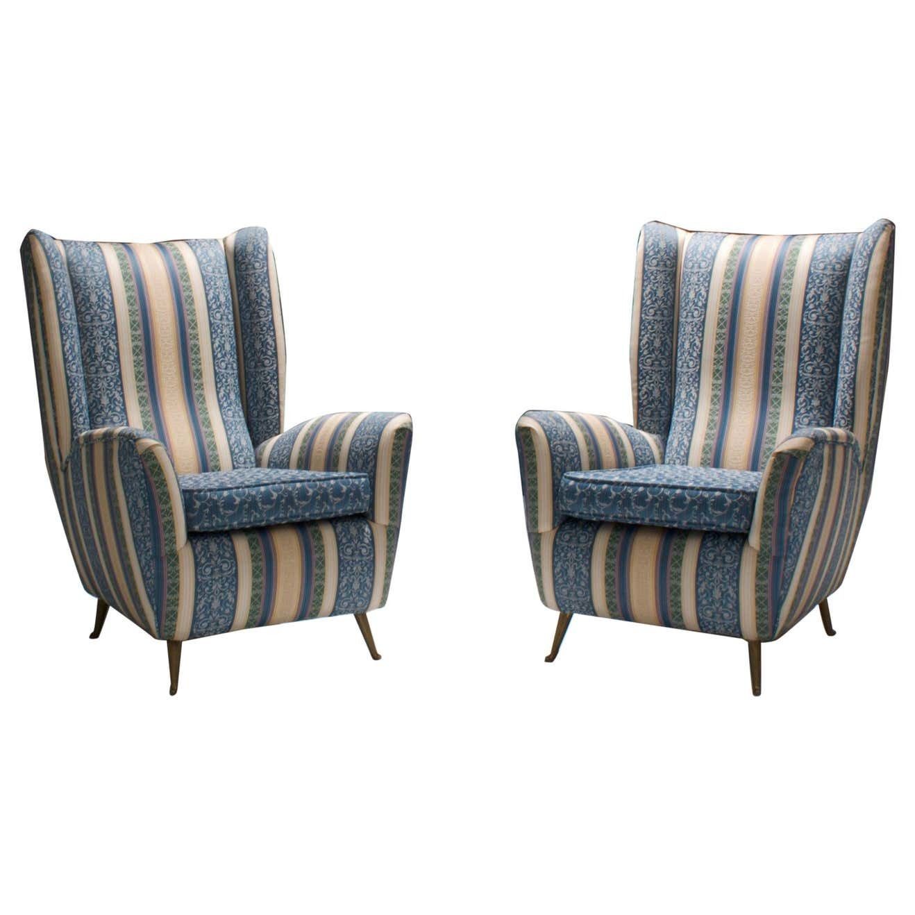Set Of Two Lounge Chairs By I.S.A. In Silk Upholstery And Brass, Italy, 1950s