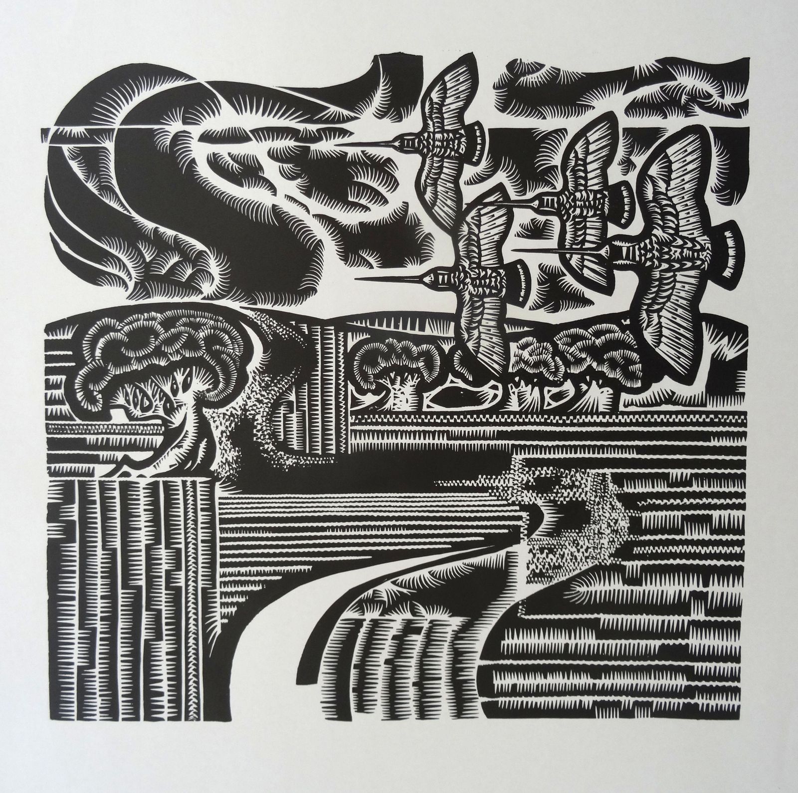 Dainis Rozkalns Woodcocks Return. 1970, Paper, Linocut.