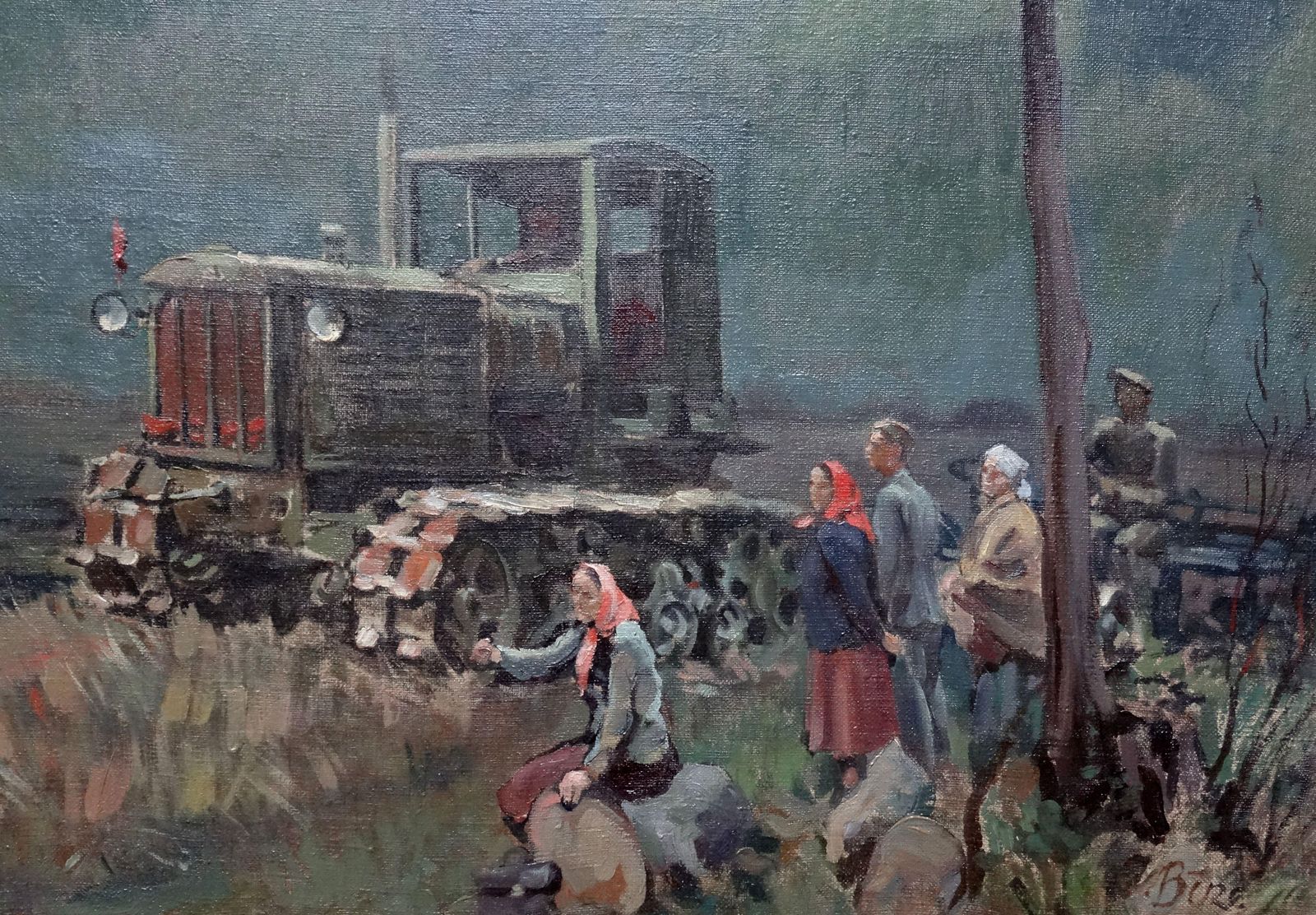 Jekabs Bine Afternoon. Workers With Tractor By The River. Oil On Canvas photo furniture