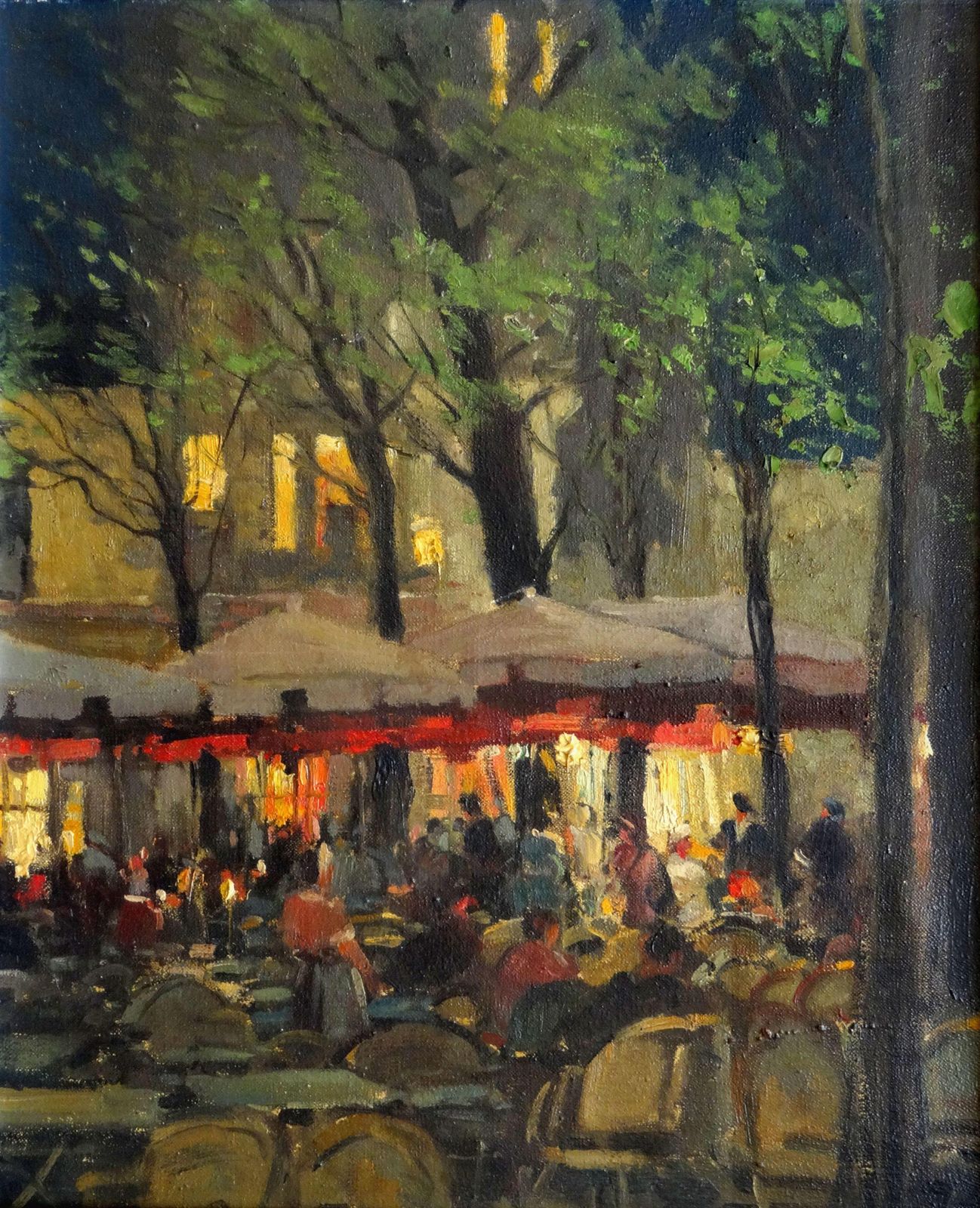 Serge Kislakoff Restaurant Terrace At Evening In Montmartre, Paris. Oil On Canvas