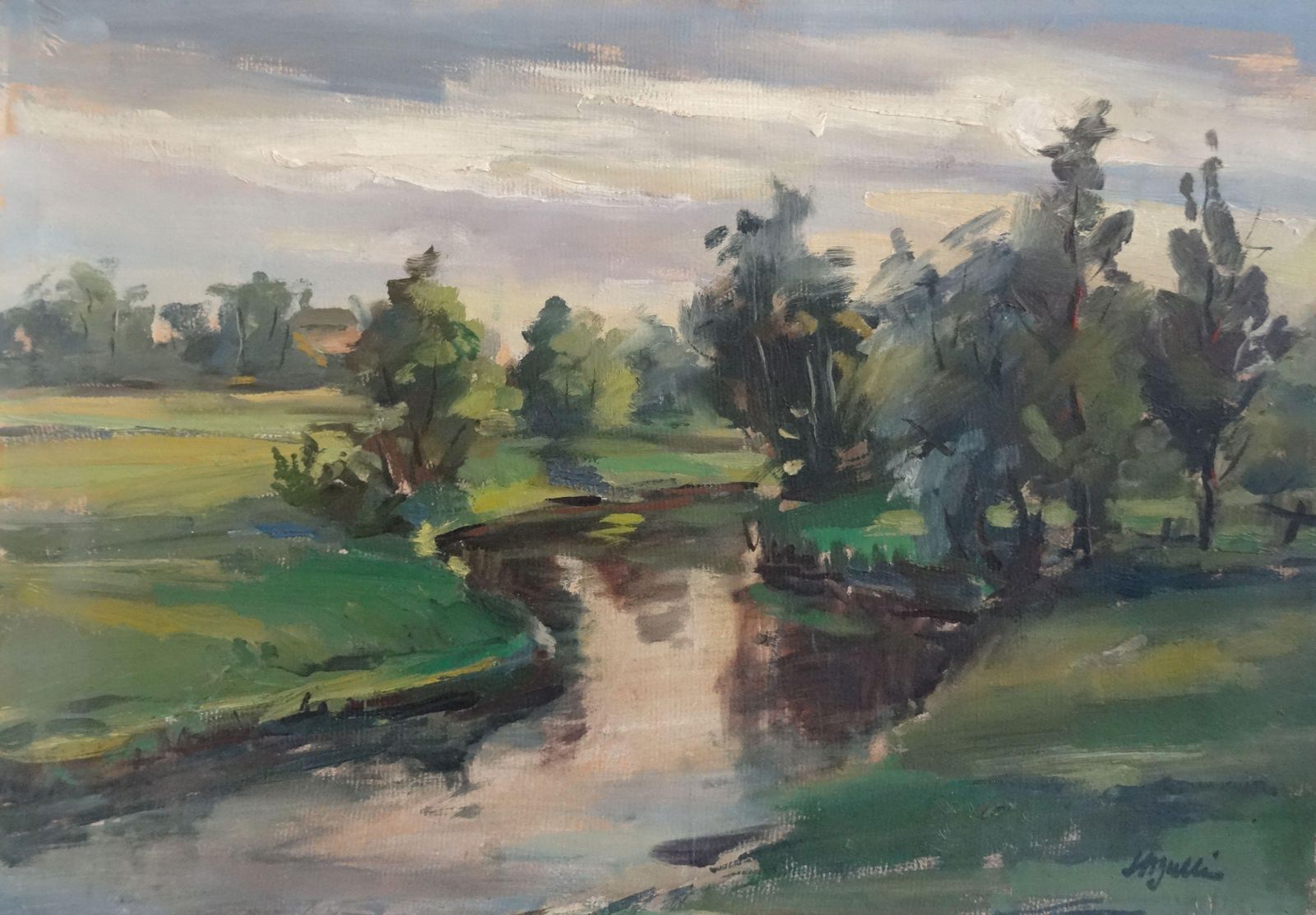 Harijs Veldre Landscape With A River. 1947. Oil On Cardboard