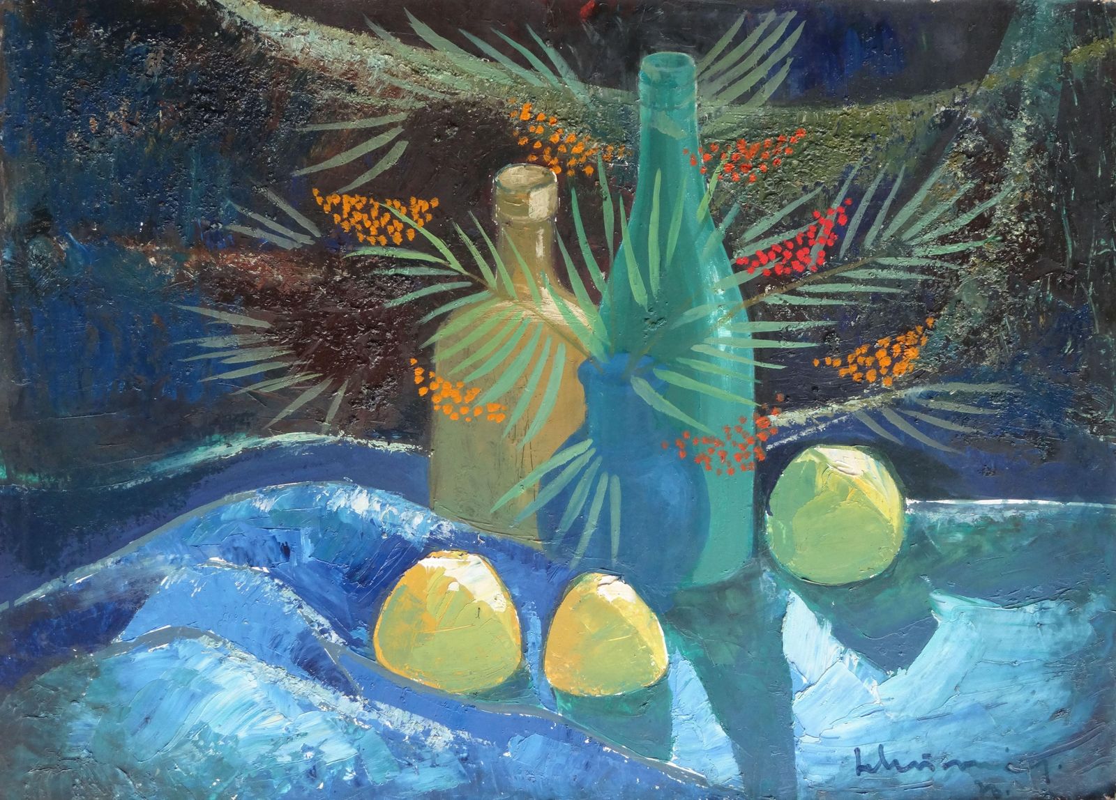 Rowan Apples Bottles 1976 Oil On Cardboard 50x69.5 Cm