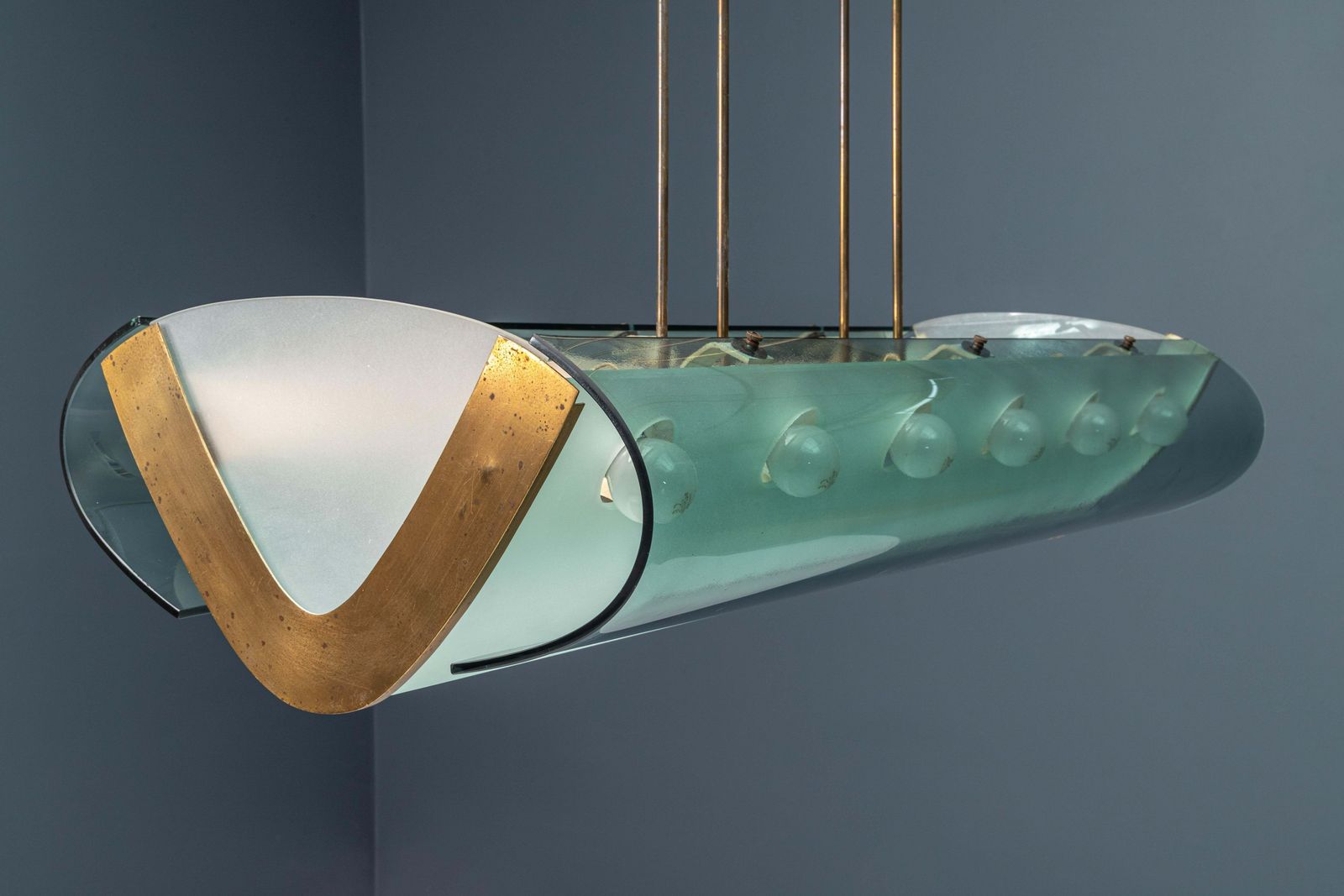 Max Ingrand Fontana Arte No 2296 Ceiling Lamp In Glass, Brass And Metal, Italy, 1950's photo Lighting