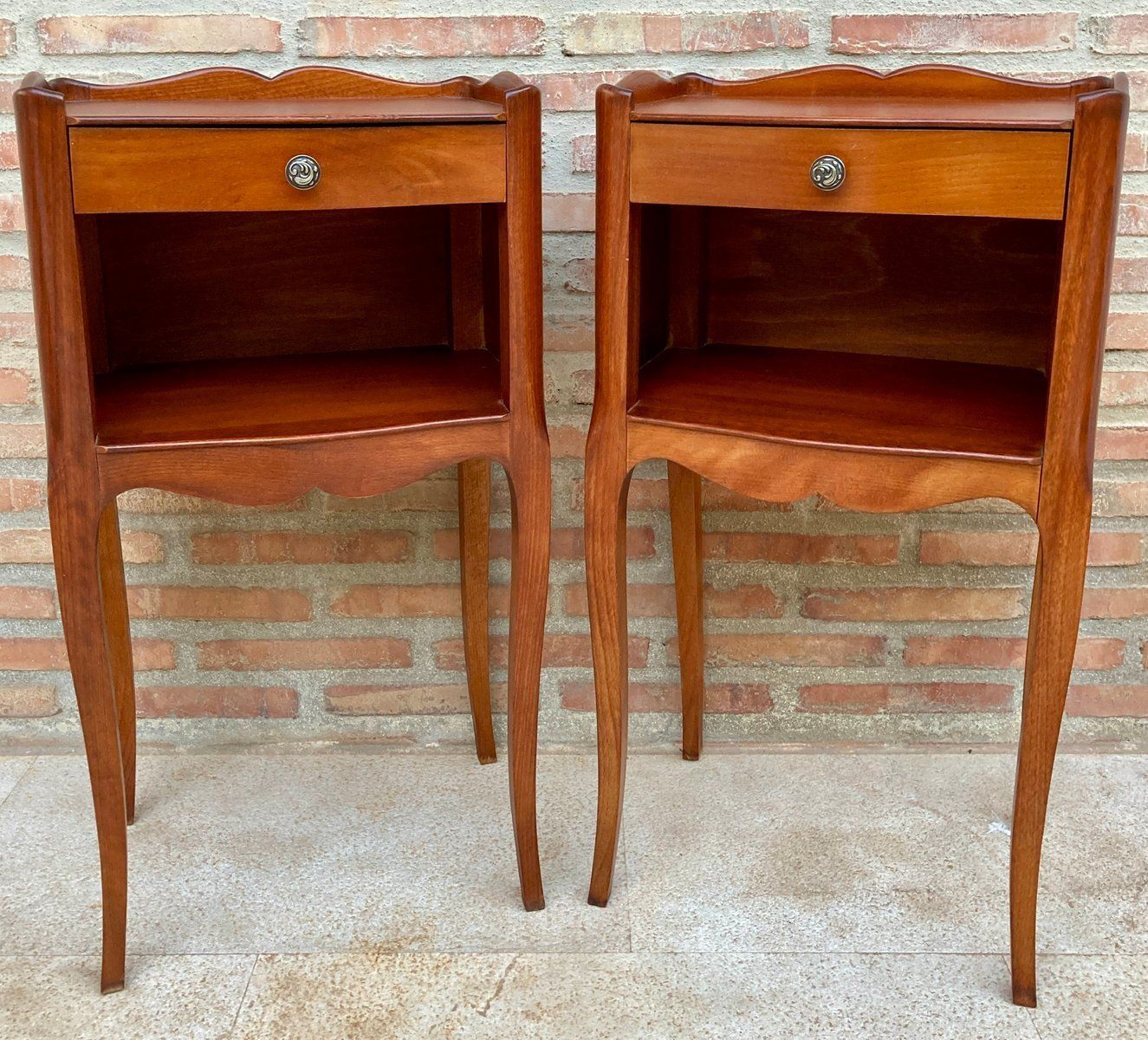 20th Marquetry Walnut Nightstands Tables With Drawer And Open Shelf, 1940, Set Of 2 photo 2373.0