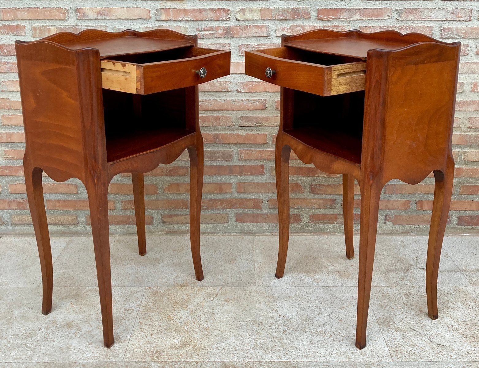 20th Marquetry Walnut Nightstands Tables With Drawer And Open Shelf, 1940, Set Of 2 photo buy