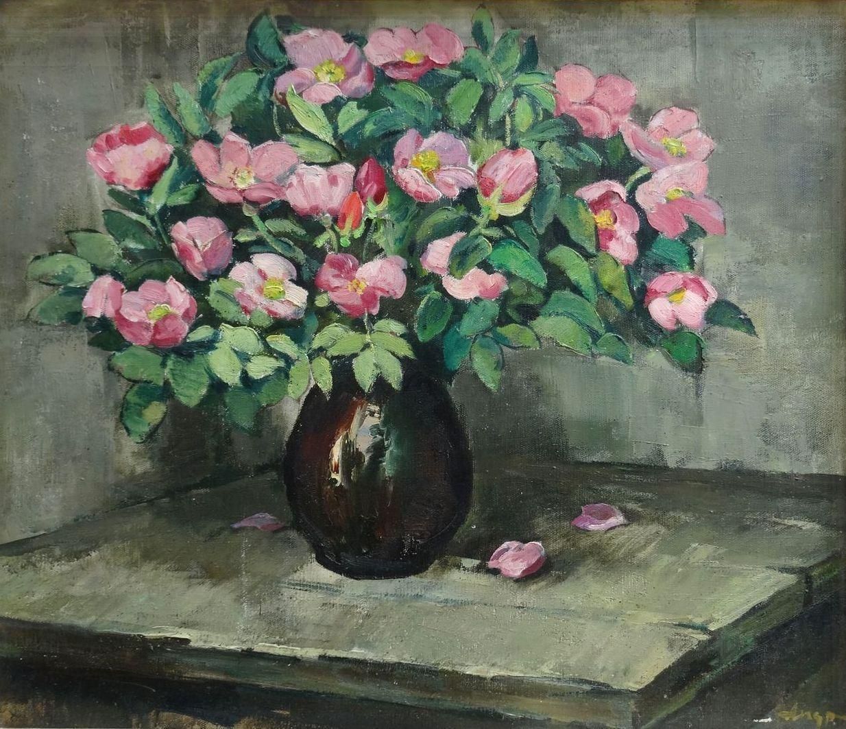 Vladimir Andrijenko Pink Peonies In Vase. 1983, Canvas, Oil